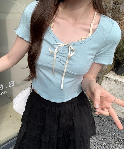 REMUR(レミュール)の「胸リボンレイヤード風トップス(Tシャツ/カットソー・レディース・ピンク/クリーム/サックスブルー/ネイビー・FREE)」の20枚目の写真