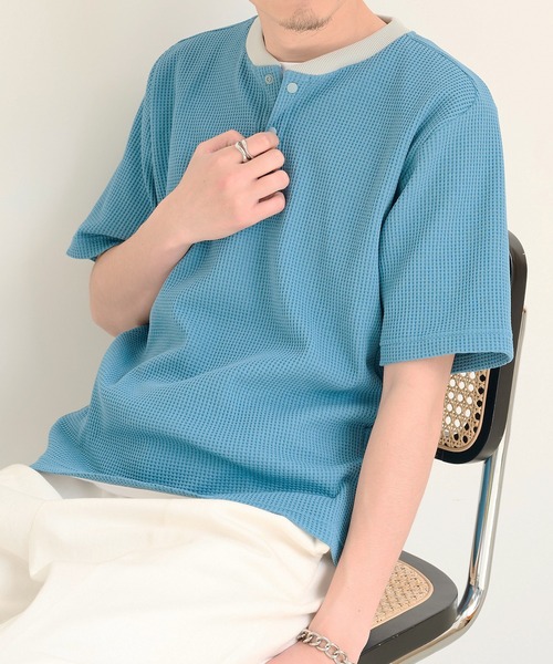 narifuri(ナリフリ)の「【narifuri】マルチワッフルヘンリーネックTシャツ NF1224(Tシャツ/カットソー・メンズ・チャコールグレー/ライトグレー/ホワイト/ブラック/ターコイズブルー・M/XL/S/L)」の5枚目の写真