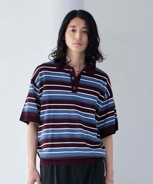 RAGEBLUE(レイジブルー)の「Border Knit Polo Shirt / ボーダーニットポロシャツ(ポロシャツ・メンズ・ブルー/ブラック/パープル・MEDIUM/LARGE)」の3枚目の写真