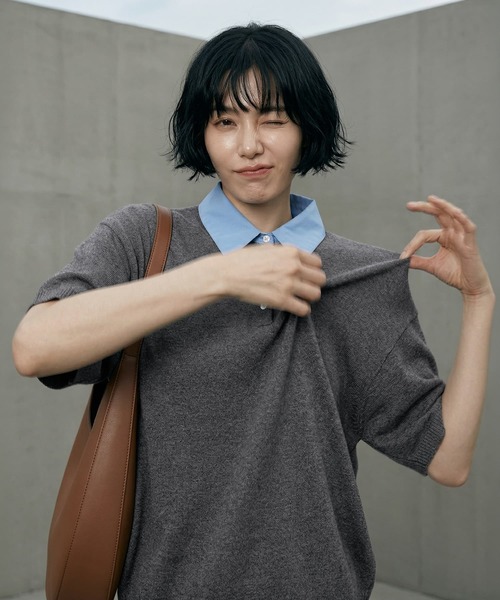 STYLE DELI(スタイルデリ)の「【BLK001】シャツ襟半袖ポロニット(Tシャツ/カットソー・レディース・グレー系その他/アイボリー/杢グレー・FREE)」の2枚目の写真