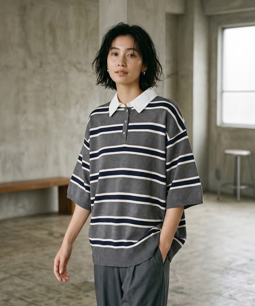 STYLE DELI(スタイルデリ)の「【BLK001】シャツ襟半袖ポロニット(Tシャツ/カットソー・レディース・グレー系その他/アイボリー/杢グレー・FREE)」の3枚目の写真