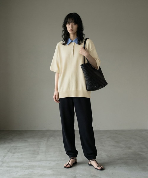 STYLE DELI(スタイルデリ)の「【BLK001】シャツ襟半袖ポロニット(Tシャツ/カットソー・レディース・グレー系その他/アイボリー/杢グレー・FREE)」の1枚目の写真