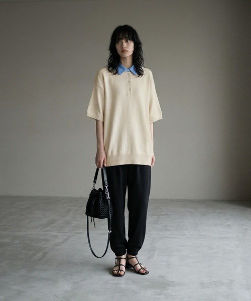 STYLE DELI(スタイルデリ)の「【BLK001】シャツ襟半袖ポロニット(Tシャツ/カットソー・レディース・グレー系その他/アイボリー/杢グレー・FREE)」の22枚目の写真
