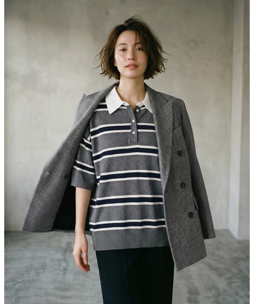 STYLE DELI(スタイルデリ)の「【BLK001】シャツ襟半袖ポロニット(Tシャツ/カットソー・レディース・グレー系その他/アイボリー/杢グレー・FREE)」の17枚目の写真
