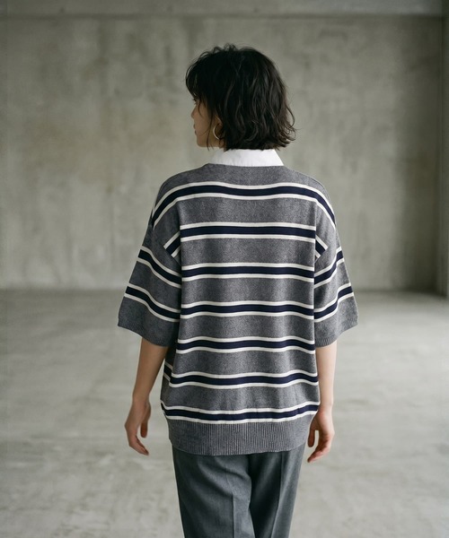 STYLE DELI(スタイルデリ)の「【BLK001】シャツ襟半袖ポロニット(Tシャツ/カットソー・レディース・グレー系その他/アイボリー/杢グレー・FREE)」の16枚目の写真