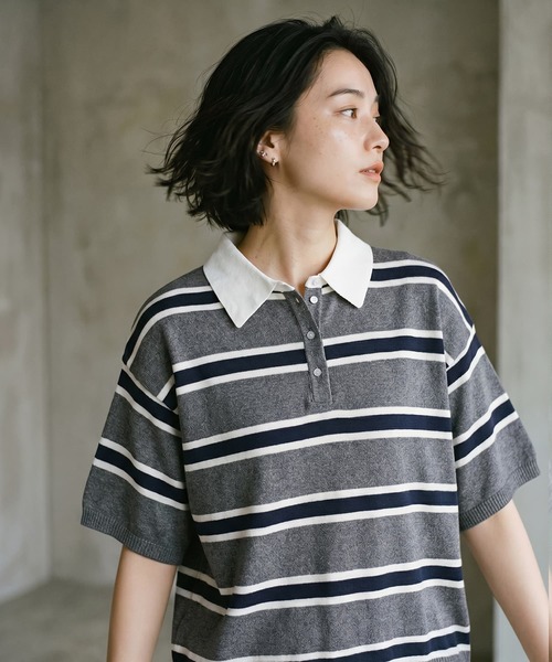 STYLE DELI(スタイルデリ)の「【BLK001】シャツ襟半袖ポロニット(Tシャツ/カットソー・レディース・グレー系その他/アイボリー/杢グレー・FREE)」の15枚目の写真