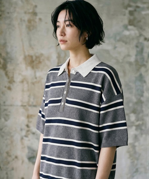 STYLE DELI(スタイルデリ)の「【BLK001】シャツ襟半袖ポロニット(Tシャツ/カットソー・レディース・グレー系その他/アイボリー/杢グレー・FREE)」の14枚目の写真