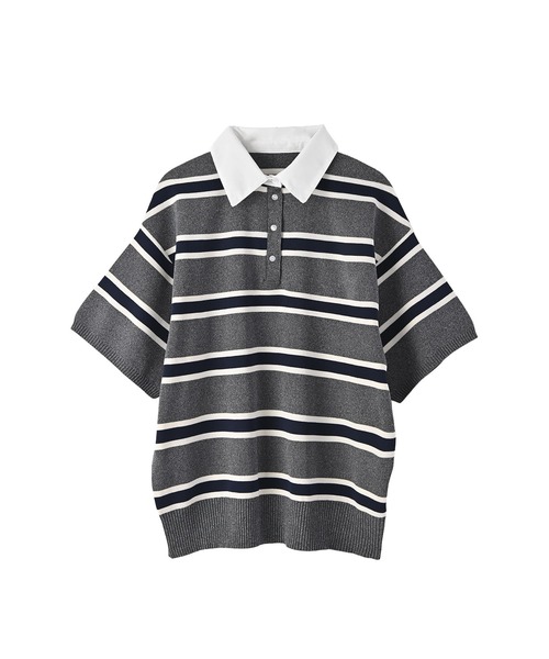 STYLE DELI(スタイルデリ)の「【BLK001】シャツ襟半袖ポロニット(Tシャツ/カットソー・レディース・グレー系その他/アイボリー/杢グレー・FREE)」の5枚目の写真