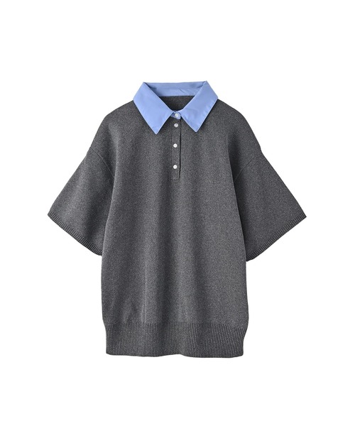 STYLE DELI(スタイルデリ)の「【BLK001】シャツ襟半袖ポロニット(Tシャツ/カットソー・レディース・グレー系その他/アイボリー/杢グレー・FREE)」の4枚目の写真