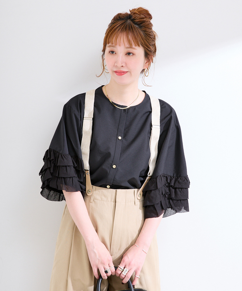 B.C STOCK（ベーセーストック）の「《追加》手洗い可 / UVcare / 接触冷感 / add Function フリル袖ブラウス（シャツ/ブラウス・レディース・ホワイト/ベージュ/ブラック・FREE）」の8枚目の写真