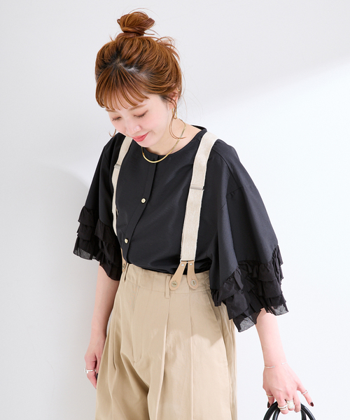 B.C STOCK（ベーセーストック）の「《追加》手洗い可 / UVcare / 接触冷感 / add Function フリル袖ブラウス（シャツ/ブラウス・レディース・ホワイト/ベージュ/ブラック・FREE）」の9枚目の写真