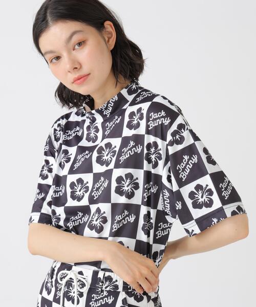 Jack Bunny!!(ジャックバニー)の「【Jack Bunny!!】ハイビスカスプリントPEメッシュ半袖モックネックカットソー(Tシャツ/カットソー・レディース・イエロー/ブラック・LARGE/MEDIUM/SMALL)」の1枚目の写真