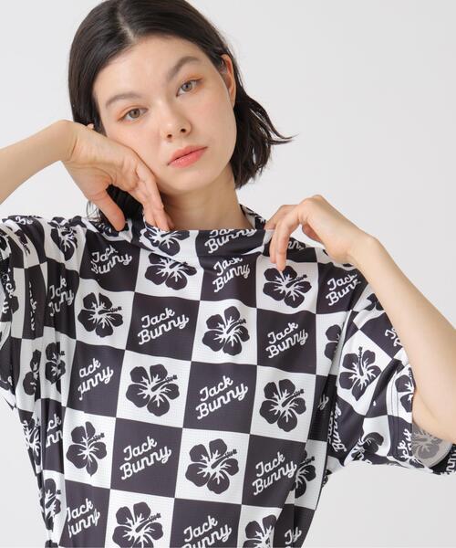 Jack Bunny!!(ジャックバニー)の「【Jack Bunny!!】ハイビスカスプリントPEメッシュ半袖モックネックカットソー(Tシャツ/カットソー・レディース・イエロー/ブラック・LARGE/MEDIUM/SMALL)」の4枚目の写真