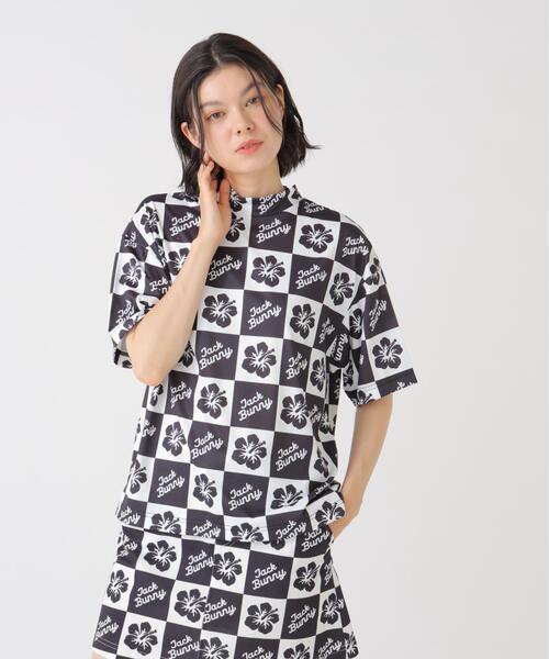 Jack Bunny!!(ジャックバニー)の「【Jack Bunny!!】ハイビスカスプリントPEメッシュ半袖モックネックカットソー(Tシャツ/カットソー・レディース・イエロー/ブラック・LARGE/MEDIUM/SMALL)」の6枚目の写真