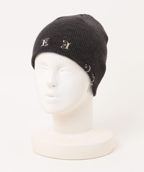 E RIN AI E(オリンアイ)の「【E RIN AI E】EE TWIN RING BEANIE / 【オリンアイ】EEツインリングメタルロゴビーニー(ニットキャップ/ビーニー・メンズ・グレー/ブラック・ONE SIZE)」の1枚目の写真