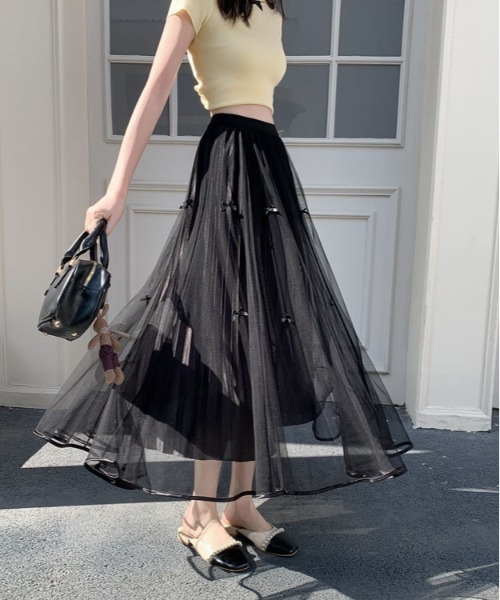 &soiree(アンドソワレ)の「ウエストゴムリボン付きチュールスカート(スカート・レディース・ブラック/アイボリー・FREE)」の8枚目の写真