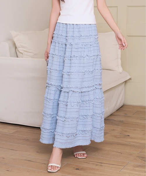 BIRTHDAY BASH(バースデイバッシュ)の「SHIRRING TIERED SKIRT(シャーリングティアードスカート)(スカート・レディース・ブラック/ホワイト/サックスブルー・FREE)」の1枚目の写真