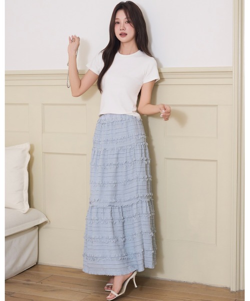 BIRTHDAY BASH(バースデイバッシュ)の「SHIRRING TIERED SKIRT(シャーリングティアードスカート)(スカート・レディース・ブラック/ホワイト/サックスブルー・FREE)」の4枚目の写真