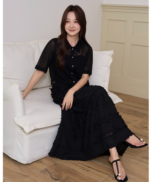 BIRTHDAY BASH(バースデイバッシュ)の「SHIRRING TIERED SKIRT(シャーリングティアードスカート)(スカート・レディース・ブラック/ホワイト/サックスブルー・FREE)」の9枚目の写真
