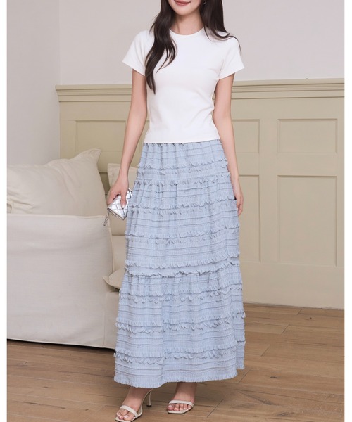 BIRTHDAY BASH(バースデイバッシュ)の「SHIRRING TIERED SKIRT(シャーリングティアードスカート)(スカート・レディース・ブラック/ホワイト/サックスブルー・FREE)」の5枚目の写真
