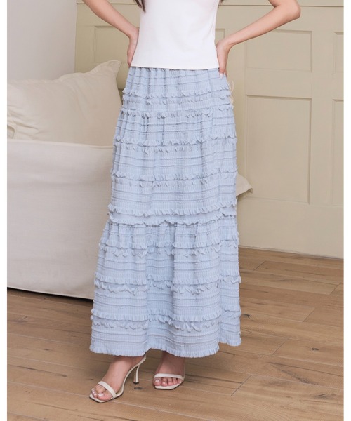 BIRTHDAY BASH(バースデイバッシュ)の「SHIRRING TIERED SKIRT(シャーリングティアードスカート)(スカート・レディース・ブラック/ホワイト/サックスブルー・FREE)」の6枚目の写真