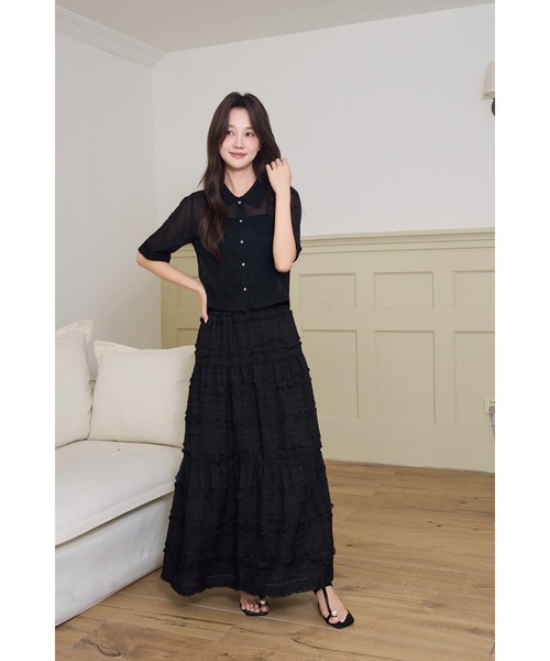 BIRTHDAY BASH(バースデイバッシュ)の「SHIRRING TIERED SKIRT(シャーリングティアードスカート)(スカート・レディース・ブラック/ホワイト/サックスブルー・FREE)」の14枚目の写真