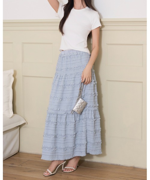 BIRTHDAY BASH(バースデイバッシュ)の「SHIRRING TIERED SKIRT(シャーリングティアードスカート)(スカート・レディース・ブラック/ホワイト/サックスブルー・FREE)」の7枚目の写真