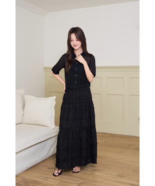 BIRTHDAY BASH(バースデイバッシュ)の「SHIRRING TIERED SKIRT(シャーリングティアードスカート)(スカート・レディース・ブラック/ホワイト/サックスブルー・FREE)」の10枚目の写真