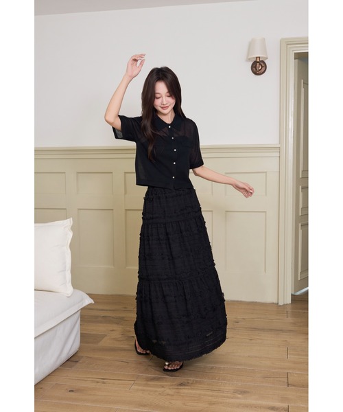 BIRTHDAY BASH(バースデイバッシュ)の「SHIRRING TIERED SKIRT(シャーリングティアードスカート)(スカート・レディース・ブラック/ホワイト/サックスブルー・FREE)」の11枚目の写真