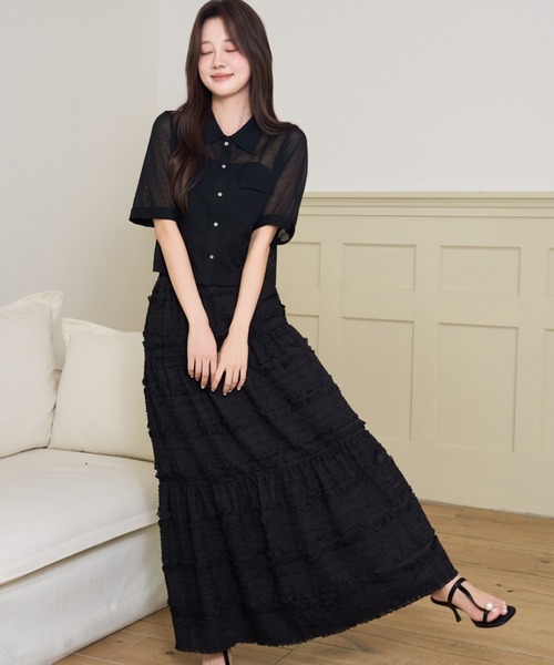 BIRTHDAY BASH(バースデイバッシュ)の「SHIRRING TIERED SKIRT(シャーリングティアードスカート)(スカート・レディース・ブラック/ホワイト/サックスブルー・FREE)」の15枚目の写真
