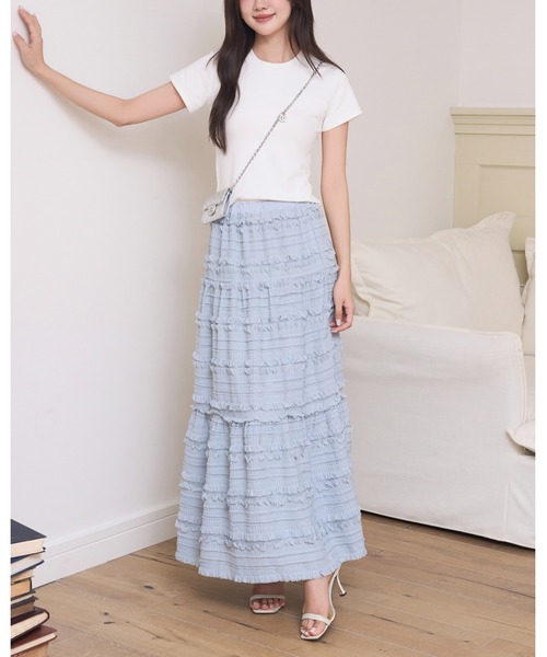BIRTHDAY BASH(バースデイバッシュ)の「SHIRRING TIERED SKIRT(シャーリングティアードスカート)(スカート・レディース・ブラック/ホワイト/サックスブルー・FREE)」の8枚目の写真