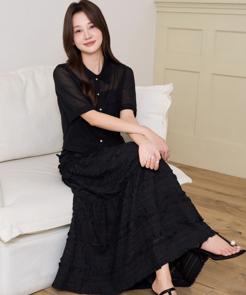BIRTHDAY BASH(バースデイバッシュ)の「SHIRRING TIERED SKIRT(シャーリングティアードスカート)(スカート・レディース・ブラック/ホワイト/サックスブルー・FREE)」の17枚目の写真