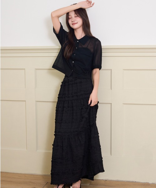 BIRTHDAY BASH(バースデイバッシュ)の「SHIRRING TIERED SKIRT(シャーリングティアードスカート)(スカート・レディース・ブラック/ホワイト/サックスブルー・FREE)」の16枚目の写真