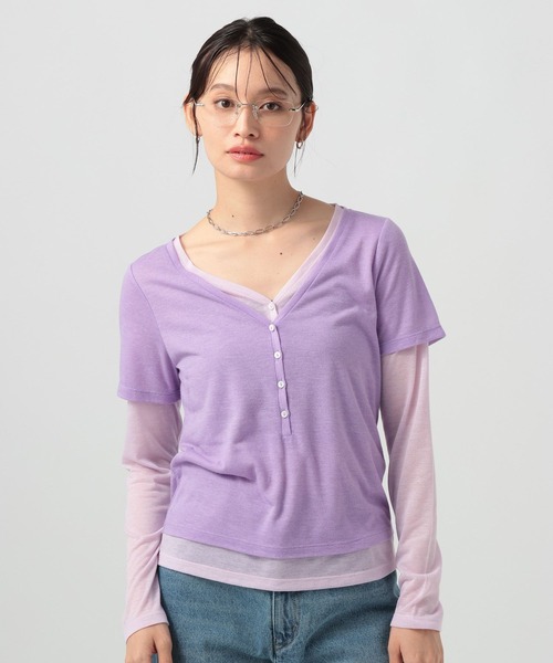 BAYFLOW（ベイフロー）の「[一枚で重ね着風]レイヤードヘンリーロングスリーブT（Tシャツ/カットソー・レディース・グレー/ネイビー/ラベンダー・FREE）」の3枚目の写真