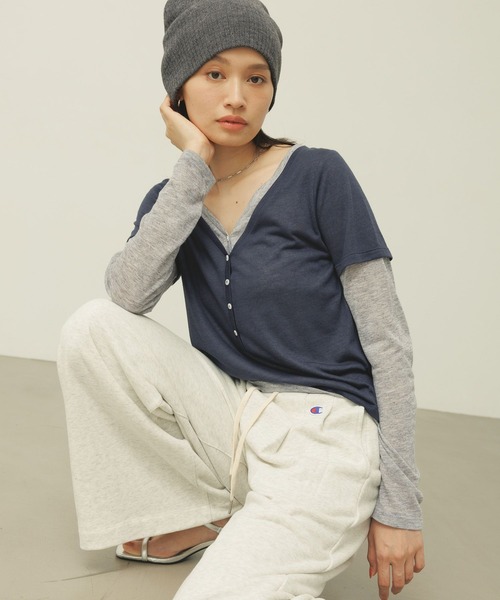BAYFLOW（ベイフロー）の「[一枚で重ね着風]レイヤードヘンリーロングスリーブT（Tシャツ/カットソー・レディース・グレー/ネイビー/ラベンダー・FREE）」の5枚目の写真