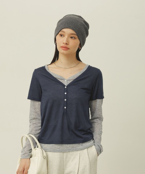 BAYFLOW（ベイフロー）の「[一枚で重ね着風]レイヤードヘンリーロングスリーブT（Tシャツ/カットソー・レディース・グレー/ネイビー/ラベンダー・FREE）」の11枚目の写真