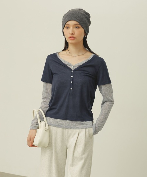 BAYFLOW（ベイフロー）の「[一枚で重ね着風]レイヤードヘンリーロングスリーブT（Tシャツ/カットソー・レディース・グレー/ネイビー/ラベンダー・FREE）」の12枚目の写真
