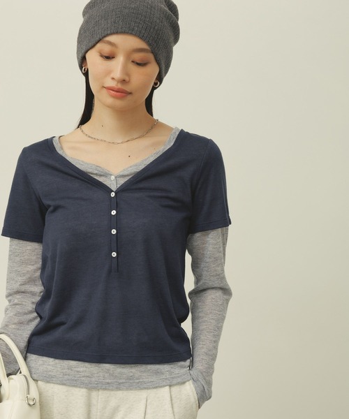 BAYFLOW（ベイフロー）の「[一枚で重ね着風]レイヤードヘンリーロングスリーブT（Tシャツ/カットソー・レディース・グレー/ネイビー/ラベンダー・FREE）」の13枚目の写真