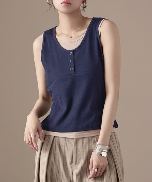 Fashion Letter（ファッションレター）の「リブ×シアーリブ レイヤード風ヘンリーネックタンクトップ（タンクトップ・レディース・ブラウン/グレー/ネイビー/ブラック・M）」の14枚目の写真
