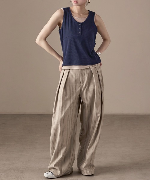 Fashion Letter（ファッションレター）の「リブ×シアーリブ レイヤード風ヘンリーネックタンクトップ（タンクトップ・レディース・ブラウン/グレー/ネイビー/ブラック・M）」の15枚目の写真
