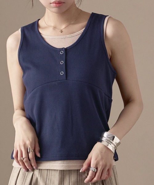 Fashion Letter（ファッションレター）の「リブ×シアーリブ レイヤード風ヘンリーネックタンクトップ（タンクトップ・レディース・ブラウン/グレー/ネイビー/ブラック・M）」の16枚目の写真
