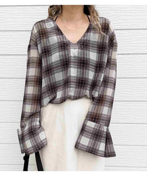 Q(キュー)の「オンブレチェックシアーシャツ(シャツ/ブラウス・レディース・ブラック系/ブラウン系・MEDIUM)」の2枚目の写真
