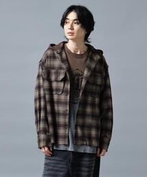 DankeSchon/ダンケシェーン/CUTOFF SWEAT HOOD CHECK SHIRTS