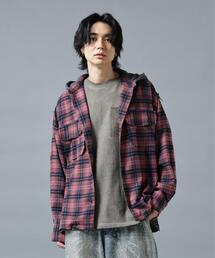 DankeSchon/ダンケシェーン/CUTOFF SWEAT HOOD CHECK SHIRTS