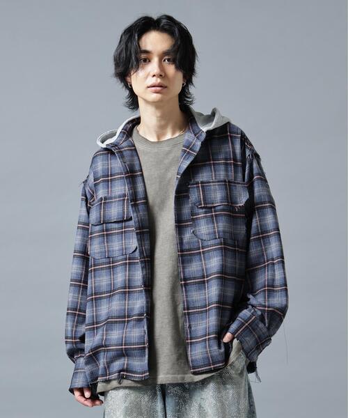 DANKE SCHON(ダンケシェーン)の「DankeSchon/ダンケシェーン/CUTOFF SWEAT HOOD CHECK SHIRTS(シャツ/ブラウス・レディース・ブルー/ホワイト/カーキ・M/L)」の3枚目の写真