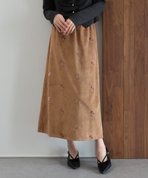 フラワー刺繍スウェードタイトスカート
