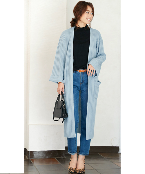 Pierrot（ピエロ）の「リブ編み ワイドスリーブ コーディガン/ロングカーディガン（カーディガン/ボレロ・レディース・アイボリー/ブラック/カーキ/サックスブルー/ベージュ/杢グレー・M）」の6枚目の写真