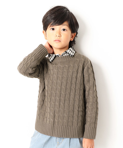 devirock（デビロック）の「ベーシックケーブルニット セーター（ニット/セーター・キッズ・オフホワイト/カーキ/イエロー系その他/スモークピンク/レンガ/ブラック/ネイビー/モカ/ピンク系その他・110cm/120cm/140cm/150cm/130cm/160cm/100cm）」の4枚目の写真