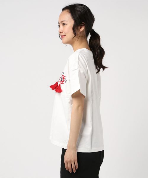 CUBE SUGAR(キューブシュガー)の「CUBE SUGAR/キューブシュガー 天竺刺しゅうクルー(Tシャツ/カットソー・レディース・ホワイト/ネイビー・FREE)」の3枚目の写真