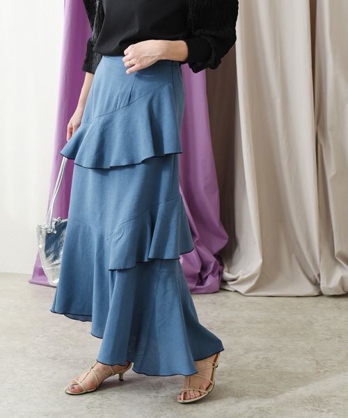 Eimee Law（エイミーロウ）の「メロウデザインリネンライクSK（スカート・レディース・チャコールグレー/ベージュ/ブルー・38）」の3枚目の写真